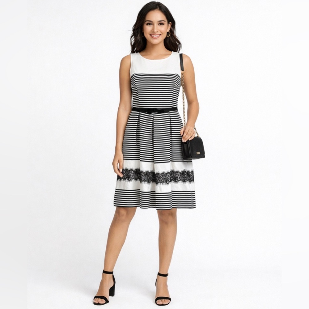 NEW JULIAN TAYLOR Size 12 Fit & Flare Stripe Lace Sleeveless Black White Dress